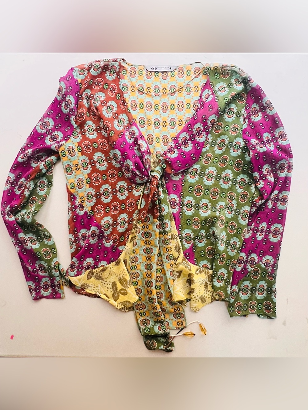 Zara Multicolor Floral Patchwork Tie-Neck Blouse
